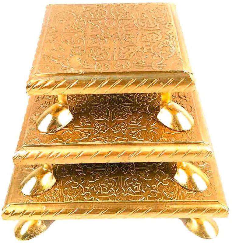 Apkamart Wooden Pooja Chowki Brass Work Set of 3 for Weddings/Pooja/Temple Wooden All Purpose Chowki  (Gold, Pack of 3)