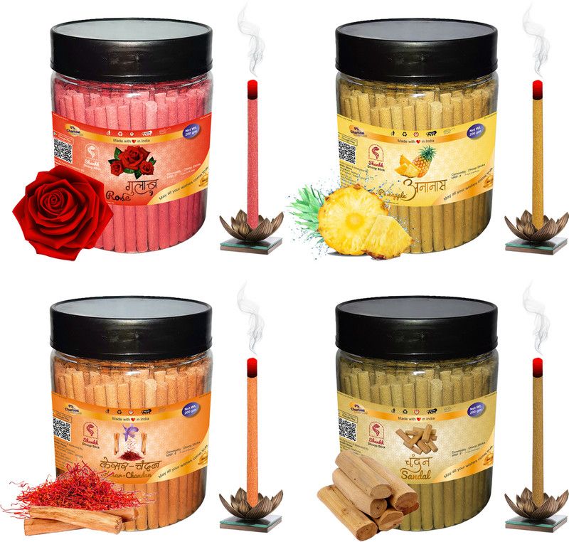 Shankh Rose, Pineapple, Kesar Chandan & Sandal Dhoop Stick Pack of 800 gram Fragrances Rose, Pineapple, Kesar Chandan, Sandal (Chandan)  (200, Set of 4)