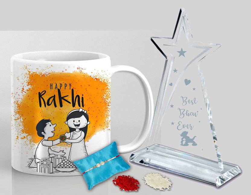 Mug, Rakhi, Trophy, Chawal Roli Pack Set  (Coffee Mug, Trophy and Rakhi, Tikka, Chawal)
