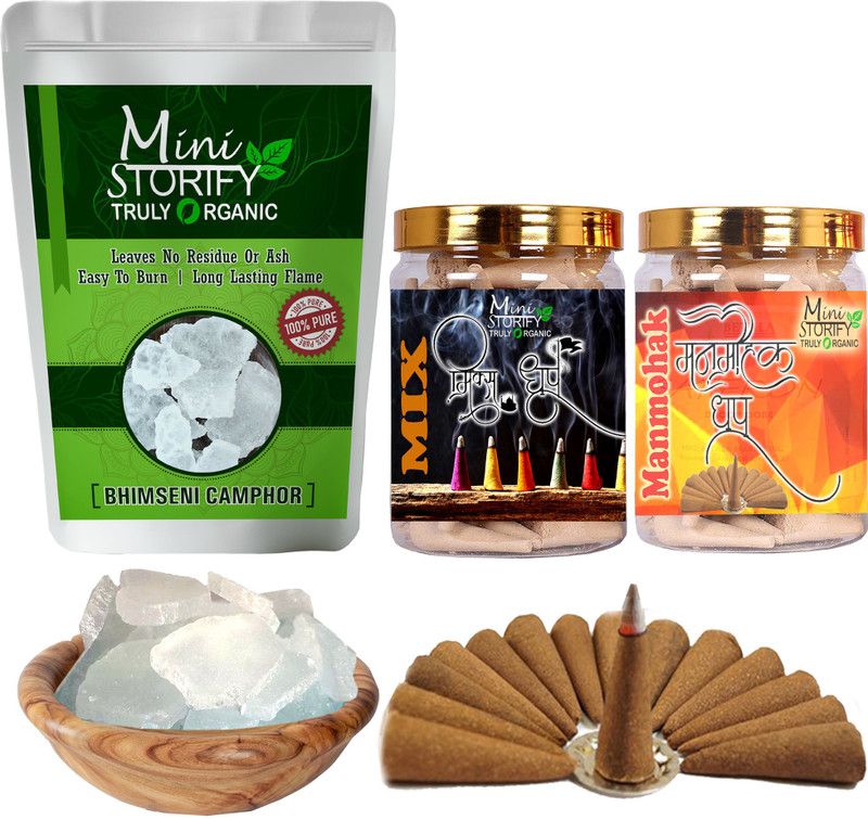 Mini Storify Truly Organic Bhimseni camphor 100gm,Manmohak dhoop Cone 70pc,Mix dhoop Cone 70pc (Pack-3) Dhoop  (Pack of 3)