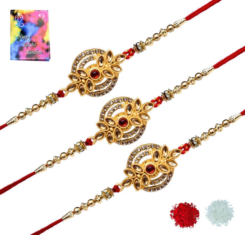 Rakhi, Greeting Card, Chawal Roli Pack Set  (Set of Three Metal Rakhi, Greating Card, Roli, Chawal)