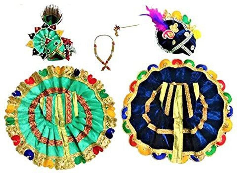 MountAlps AV Creations Multi Coloured Laddu Gopal Ji, Kanha Ji/ Thakur Ji Dress, made of Sunhill Cloth, Combo of a total 6 items (2 Poshak, 2 Mukut, 1 Mala, 1 Bansuri of Gopal ji Idol), Dress Diameter: 12 Inch, Idol Size-6. Dress  (Silk)