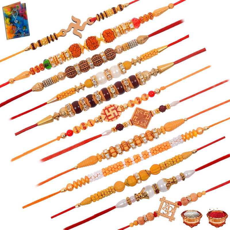 Rakhi, Chawal Roli Pack, Greeting Card Set  (12 Rakhi set 1 Greeting Card 1 Roli Chawal)