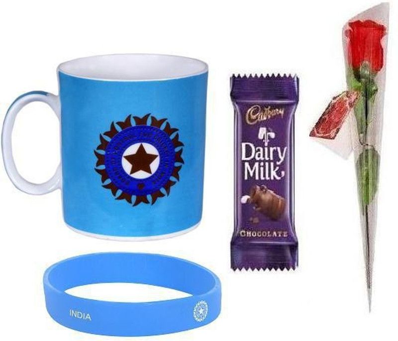 Indigo Creatives Valentine Day Love Gift Box with India Cricket Team Official ICC Coffee Mug & Hand Band + red Rose + cadburys Chocolate - 10012 Ceramic Gift Box  (Multicolor)
