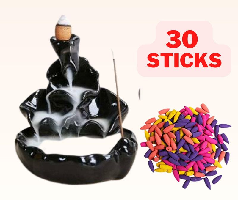 Combo Pack of Smoke Fountain Incense Holder with 30 Units Polyresin Incense Holder  (Black)