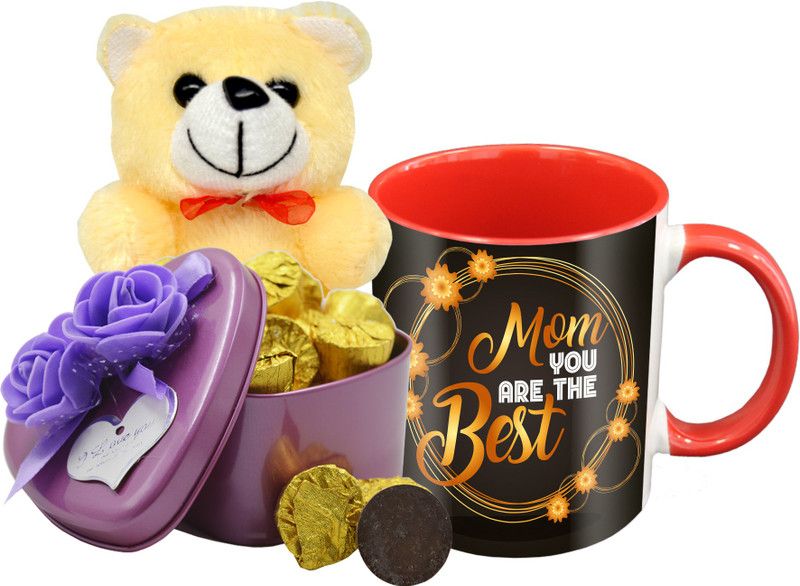 Midiron Lovely Gifts For Mother, Dark Chocolate Bar, Ceramic Mug with Cream Teddy IZ19Choco15TinBox4PurMUrTCr-STMother-14 Ceramic, Silk Gift Box  (Multicolor)