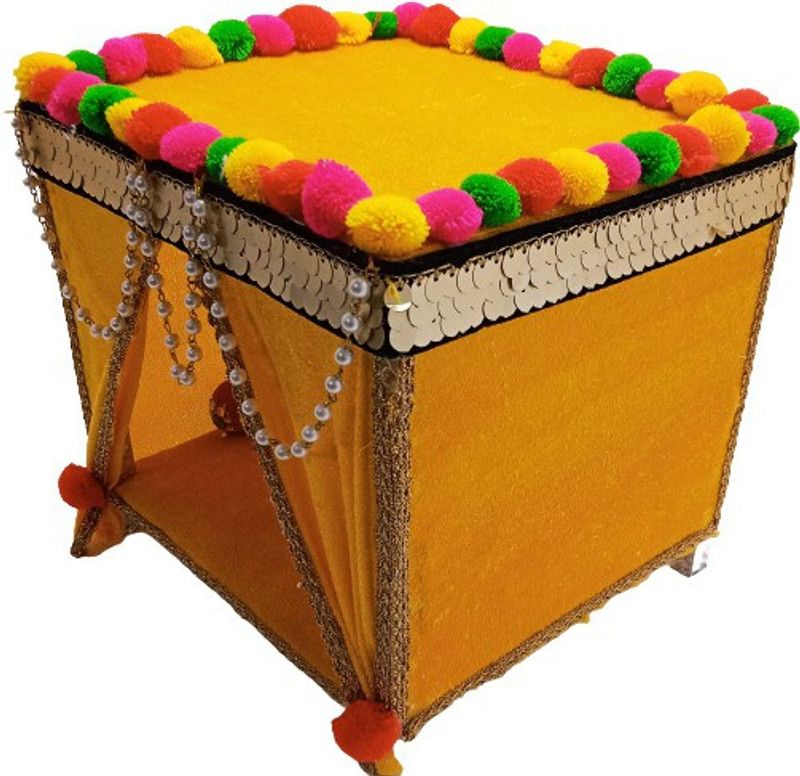 Kanha Krishna ji wooden double bed decorated with Pom Pom flowers size M 3 to 4 Wooden All Purpose Chowki  (Multicolor)