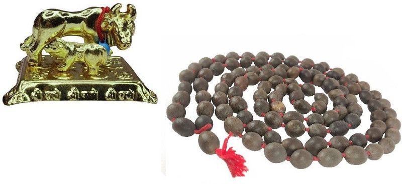 Adhvik Combo Of Kamdhenu ( No 1 ) Brass Cow with Calf For With Natural Lifestyle 86 Cm Long 10mm Lotus Seeds Mala Brass  (Multicolor)