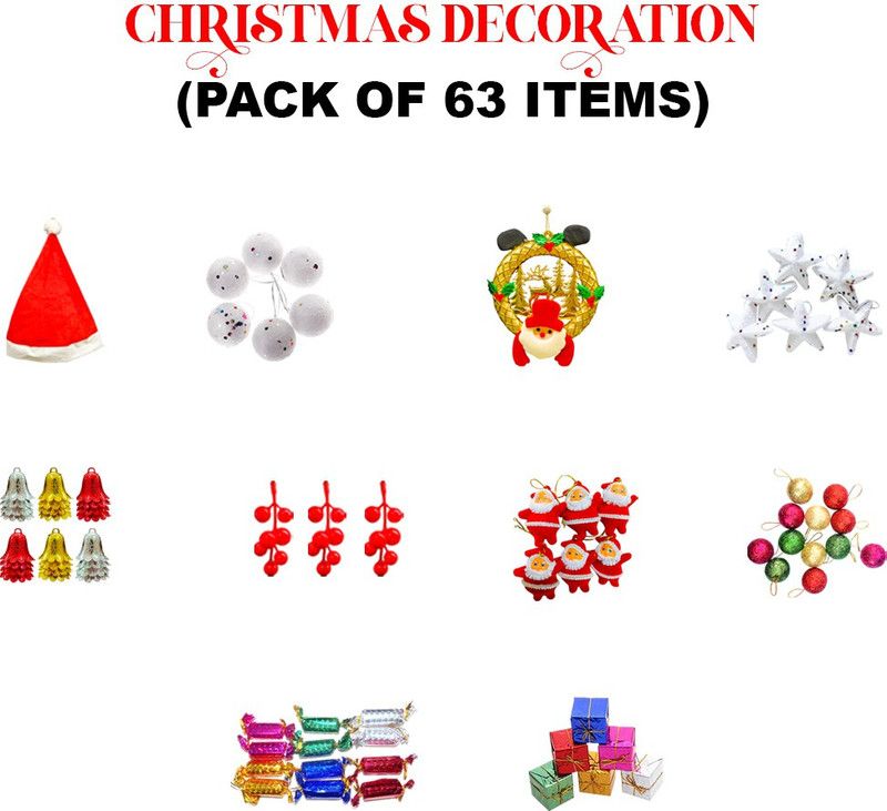 OSPS 63 Pcs Mix Christma Tree Decoration Ornament Balls, Small Santa, Swow Bells Hanging Ornaments Pack of 63