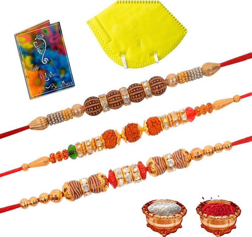 Mask, Greeting Card, Rakhi, Chawal Roli Pack Set  (3 Rakhi 1 Mask 1 Roli 1 Chawal 1 Greeting Card)