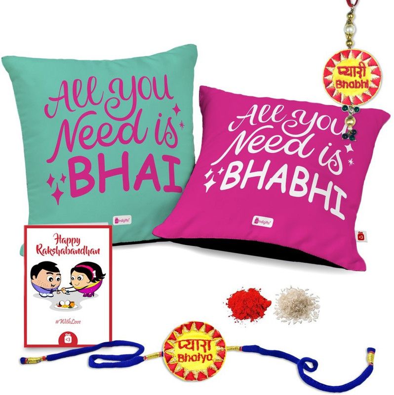 Lumba, Cushion, Chawal Roli Pack, Rakhi, Greeting Card Set  (2 Cushion cover with filler 12x 12 Inches, 1 Pyari Bhabhi Embroidery Rakhi, 1 Pyara bhaiya Embroidery Rakhi)