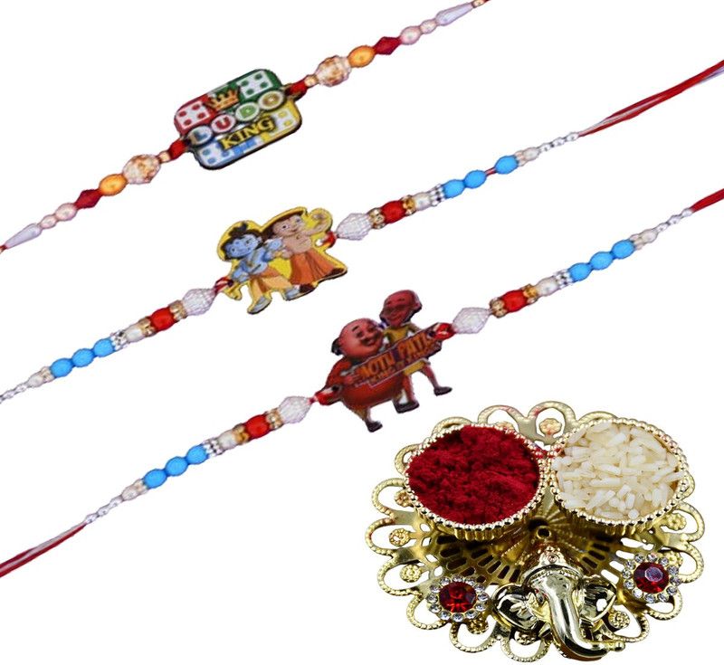 Rakhi, Chawal Roli Pack Set  (3 Rakhi, 1 Chopra With Roli Chawal)