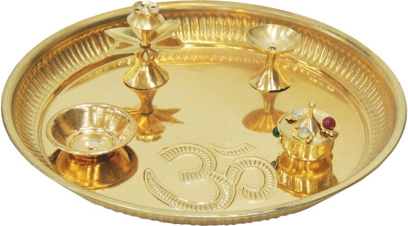 Brass Gift Center Brass Puja Thali with Deepak, Roli and Rice holder and Agarbatti Stand Brass  (1 Pieces, Yellow)
