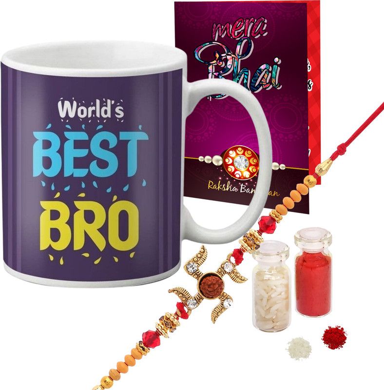 Rakhi, Chawal Roli Pack, Mug, Greeting Card Set  (Rakhi, Ceramic Mug, Card, Roli Chawal)