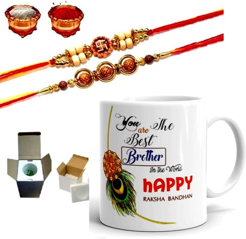 Rakhi, Mug Set  (Rakhi 2 pcs, Printed Coffee Mug, Roli Chaval Packet)