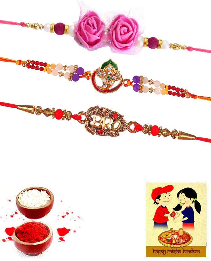 Rakhi, Chawal Roli Pack, Greeting Card Set  (3 Rakhi, 1 Greeting Card, 1 Roli, 1 Chawal)