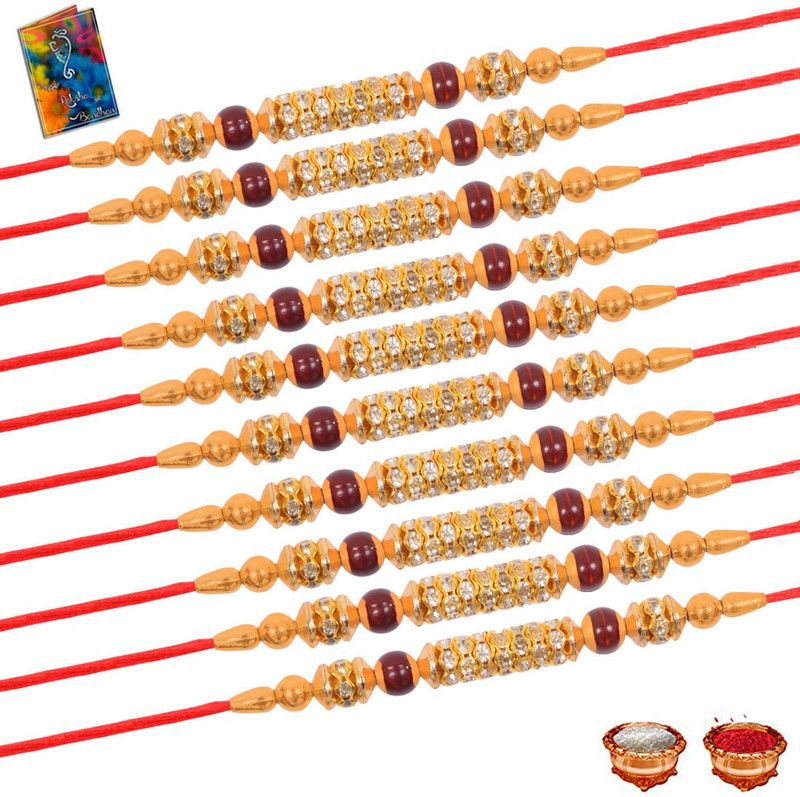 Rakhi, Chawal Roli Pack, Greeting Card Set  (10 Rakhi 1 Greeting Card 1 Roli Chawal)