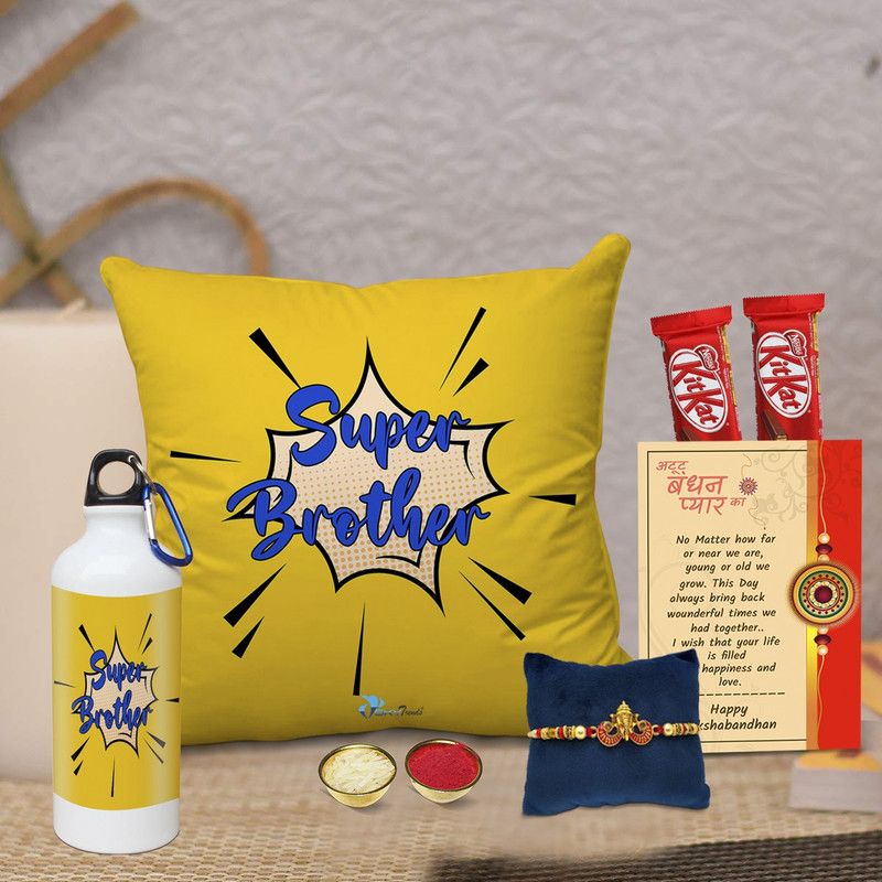 Cushion, Rakhi, Bottle Set  (Cushion cover+filler, bottle, Chocolates, Greeting card, Rakhi, Roli, chawal)