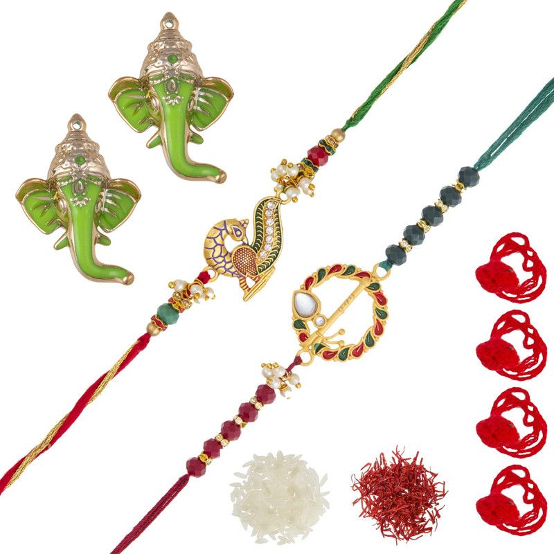 Rakhi, Chawal Roli Pack, Showpiece Set  (Rakhi, Pooja Rakhi, Ganesha Soan, Kesar, Chawal)
