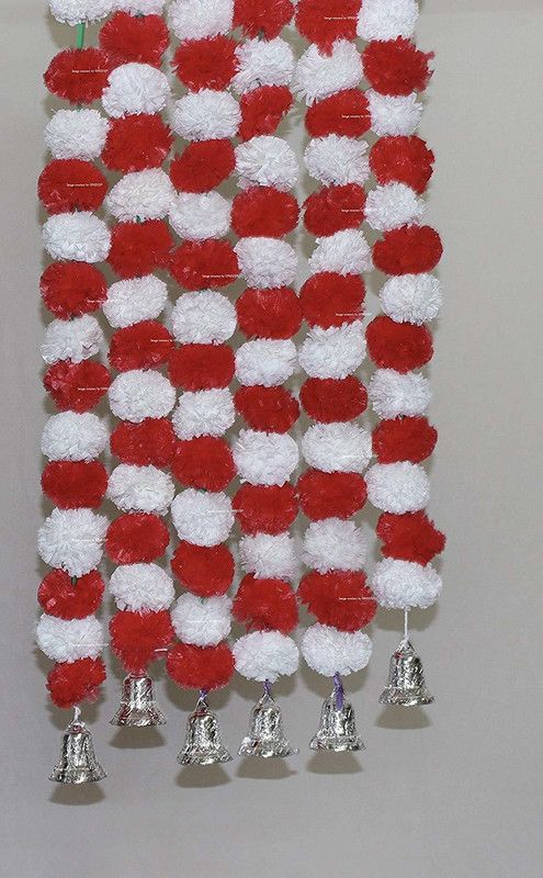 SPHINX Artificial Marigold Fluffy Flowers and Silver Hanging Bells Garlands/Torans/Wall hangings for Decoration Approx 2.5 ft- Pack of 6 Strings (White & Red) Toran  (Recycled plastic)