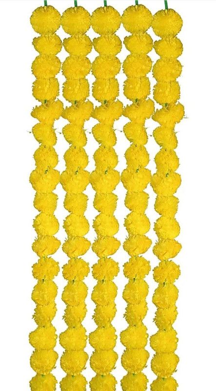 Dollit Artificial Yellow Marigold Flowers ( Genda Phool ) For Decoration ( 60 inch , Pack of 5 ) Artificial Plastic Flowers String Garland  (Yellow)