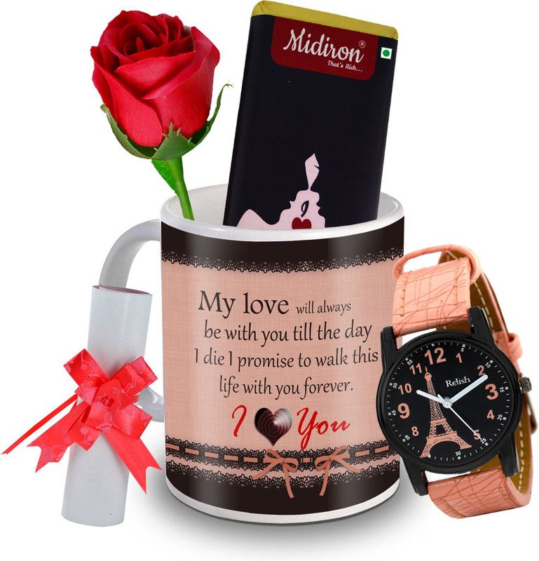 Midiron Love You Chocolate Bar with Artificial Rose, and Beautiful Watch, Love Letter, Coffee Mug, Gift for Valentine Day, Birthday, and Anniversary for Wife, Girlfriend, Fiance IZ20DTLoveBar7RoseLCWatF1MU-181 Ceramic Gift Box  (Multicolor)