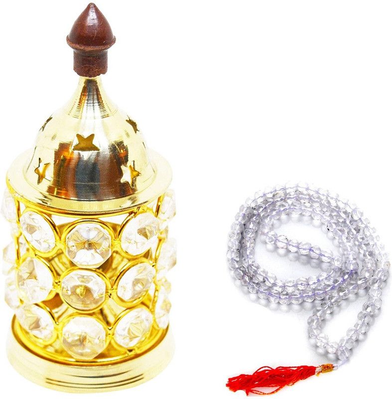 Adhvik Set Of Crystal Akhand Diya Decorative Brass Oil Lamp ( 1 No ) Diya With Sphatik Mala For Puja Purpose Brass  (Gold)