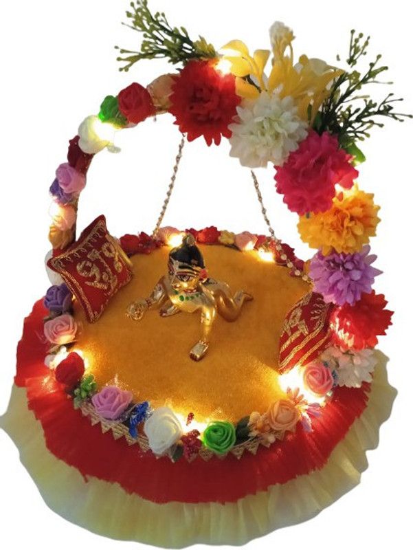 Kanha Laddu Gopal Wooden Singhasan Decorate With Flowers,LED Lights Size Large 5 to 6 Jhula