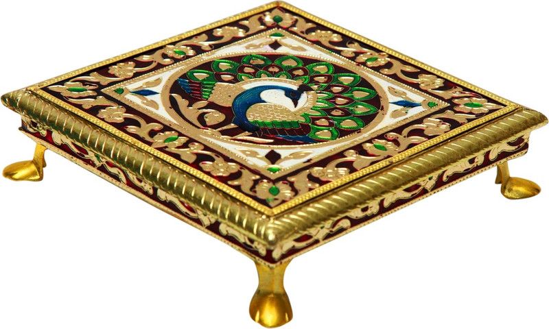 SV Traders Meenakari 8 Inc Pooja Wooden Brass All Purpose Chowki Wood All Purpose Chowki  (Multicolor, Pack of 1)
