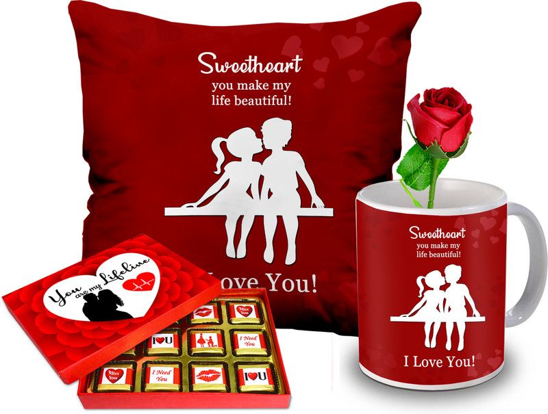 Midiron Valentine’s Day Gift Combo For Girlfriend (Chocolate, Mug, Cushion, Rose) Ceramic, Microfibre Gift Box  (Multicolor)