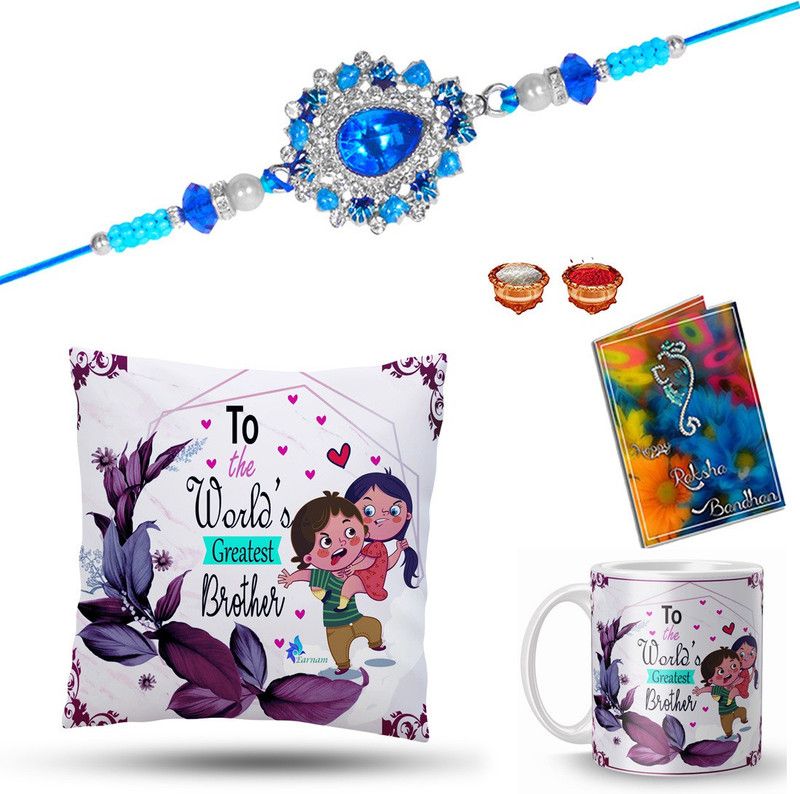 Rakhi, Mug, Cushion, Greeting Card Set  (Rakhi, Cushion and Mug Set (1 Rakhi, 1 Cushion, 1 Coffee Mug, 1 Roli Chawal Packet, 1 Greeting Card))