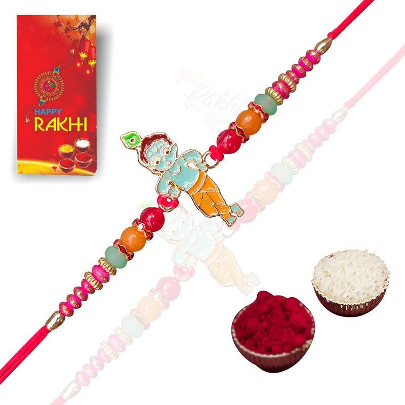 Chawal Roli Pack Set  (Cute Kanha Rakhi Metal Finish Morpankhi Little Bal Krishna Rakhi For Brother)