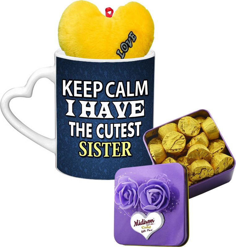 Midiron Rakhi Gifts, Chocolate Bar with Ceramic Printed Mug and Yellow Heart, Gifts for Sister on Rakhi, Birthday, Anniversary IZ19Choco15TinBox3PurHeartMUYH-DTSister-64 Ceramic Gift Box  (Multicolor)