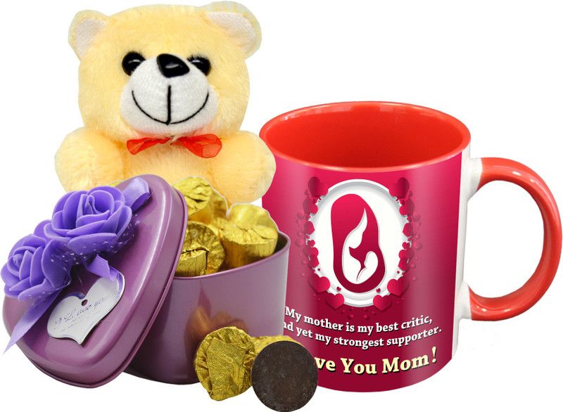 Midiron Lovely Gifts For Mother, Dark Chocolate Bar, Ceramic Mug with Cream Teddy IZ19Choco15TinBox4PurMUrTCr-STMother-15 Ceramic, Silk Gift Box  (Multicolor)