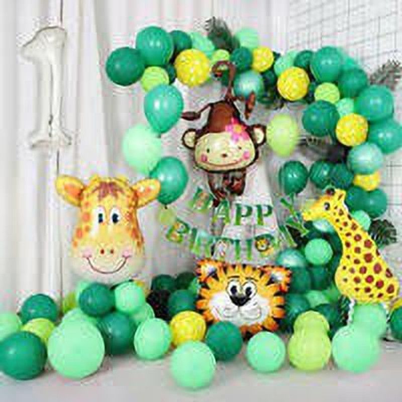 Nayugic Solid jungle theme 1st birthday celebration with 50 green balloons 20 yellow 4 animal Balloon  (Green, Pack of 76)