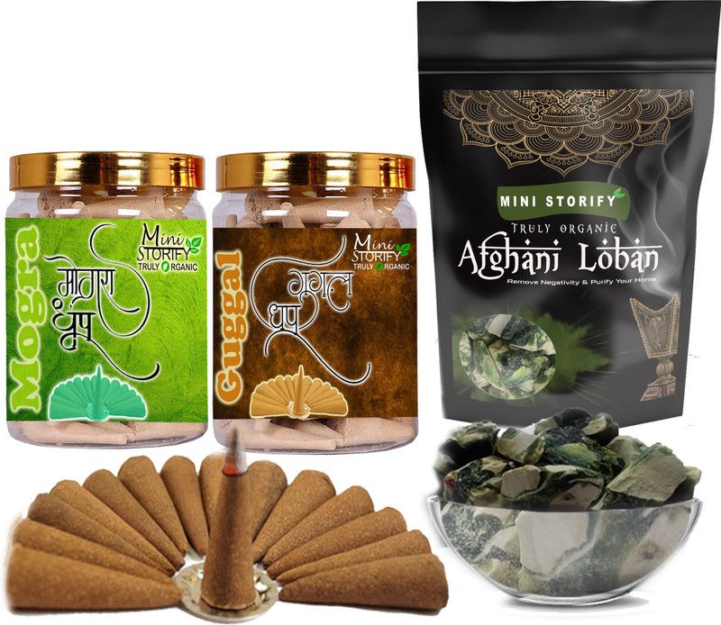 Mini Storify Truly Organic Green loban250gm,Mogra dhoop Cone 70pcs,Gugle dhoop Cone 70pcs (Pack of 3) Guggul Dhoop  (Pack of 3)