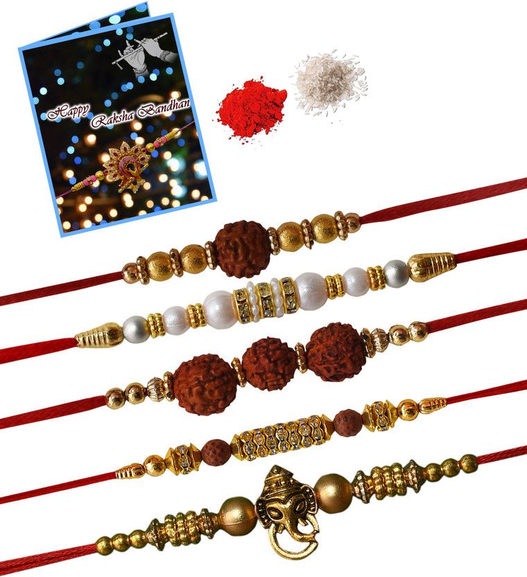 Rakhi Set  (1Roli, 1Greeting Card, 1Chawal, 5 Rakhi)