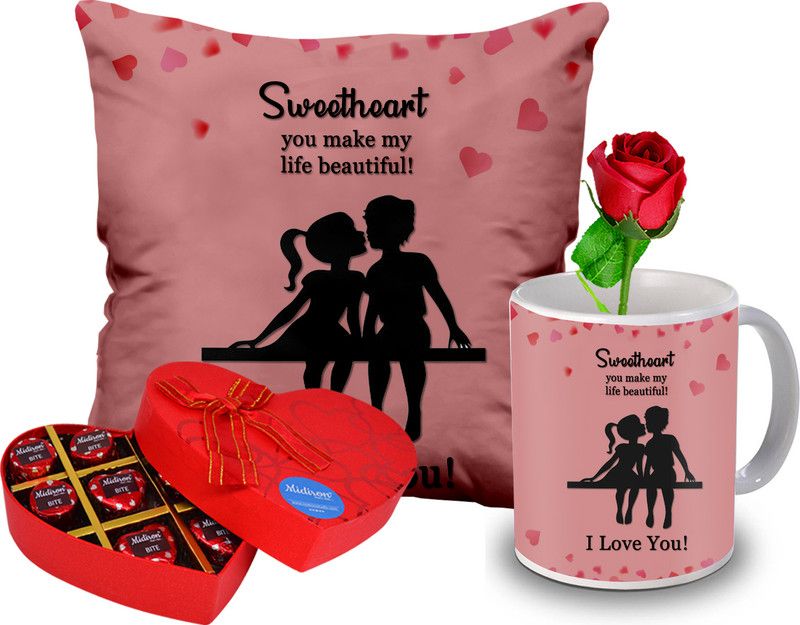 Midiron Valentine’s Day Gift Pack|Romantic Gift (Mug, Chocolate, Cushion, Rose) Ceramic, Microfibre Gift Box  (Multicolor)