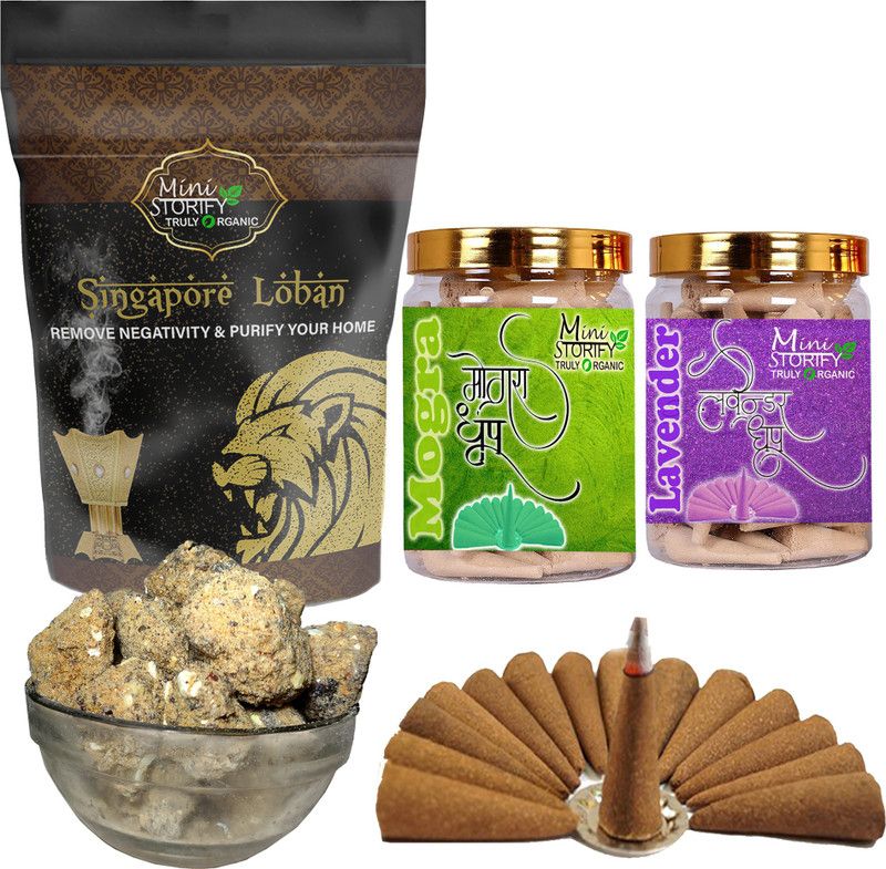 Mini Storify Truly Organic Singapuri loban250gm,Mogra dhoop Cone 70pc,Lavender dhoop Cone 70pc (Pack-3) Dhoop  (Pack of 3)