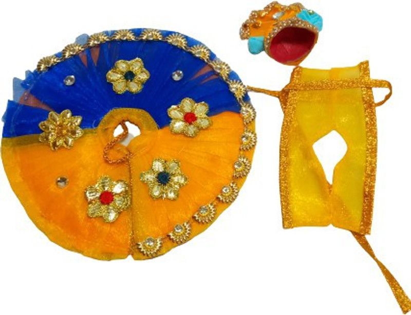 SHYAM Laddu Gopal FESTIVAL Look HEAVY Dress Decorate With GOLDEN PATCH Dress With MUKUT/Pagdi Size (3) Handmade Premium Quality Dress  (Cotton)