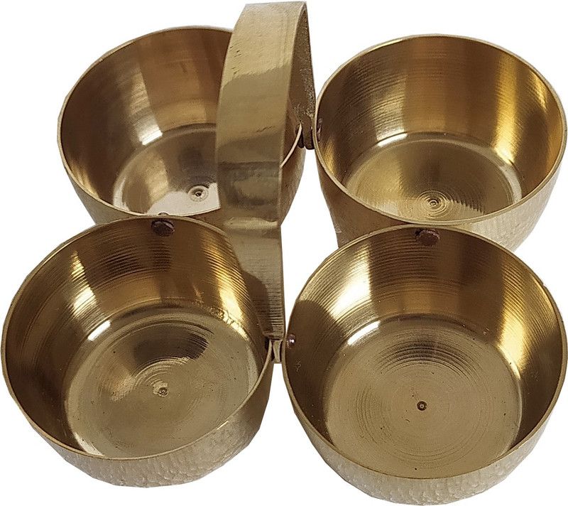 Shiv Brass Puja Roli Chawal , Elaichi, Mishri 4 Bowl Stand / Brass Chowmukh Haldi Kumkum Holder Chowmukh 4 Bowl Holder Patra Brass  (1 Pieces, Gold)