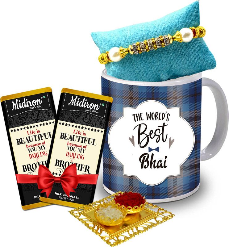 Midiron Rakhi Gift for Brother, Pearl Rakhi with Roli | Milk Chocolate Bar | Printed Coffee Mug for Brother IZ20-53 Ceramic Gift Box  (Multicolor)