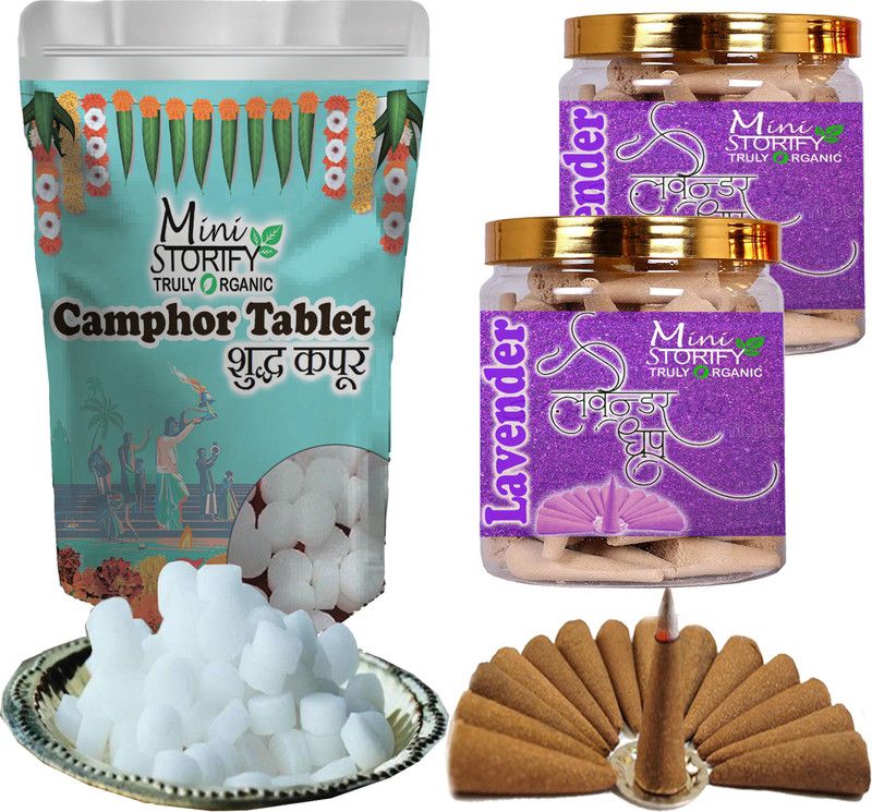 Mini Storify Truly Organic Camphor tablet 100gm,Lavender dhoop Cone 70+70pcs (Pack of 3) Dhoop  (Pack of 3)