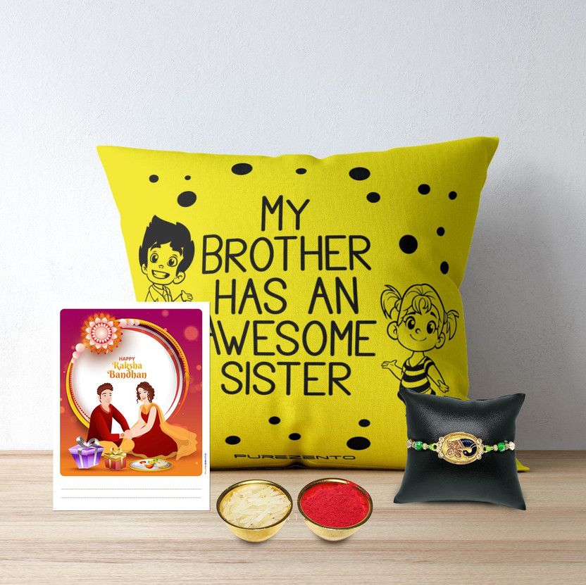 Rakhi, Greeting Card, Cushion, Chawal Roli Pack Set  (1 Rakhi, 1 Cushion, 1 Greeting Card, 1 Roli/ Chawal/Misri)