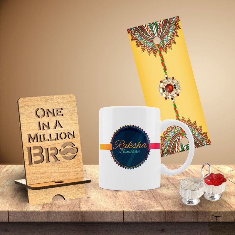 Mobile Stand, Mug, Rakhi, Chawal Roli Pack Set  (Coffee Mug, Rakhi, Roli Chawal, MobilePhoneStand)