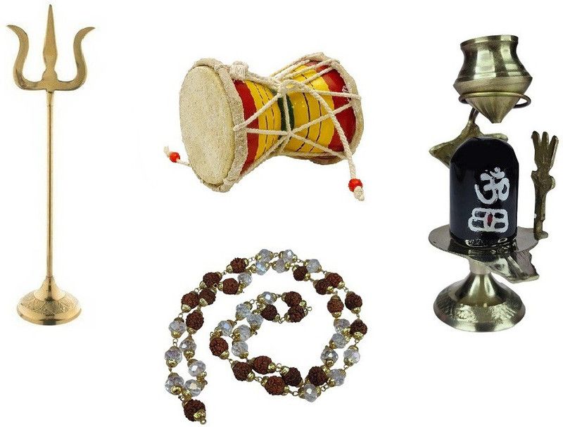 Stylewell Combo of Trishul ( 2 No ) Statue With Round Stand And ( 1 no) Shivling Showpiece, Damru And Cap Mala For Puja Purpose Brass  (Gold)