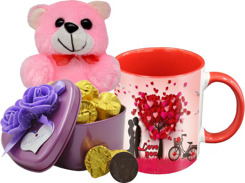Midiron Romantic Gifts Pack That's Comes with Dark Chocolate Bar with Printed Ceramic Mug & Pink Teddy for Valentine's day, Birthday Anniversary and any special occasion IZ19Choco15TinBox4PurMUrTP-DTLove-41 Ceramic, Silk Gift Box  (Multicolor)