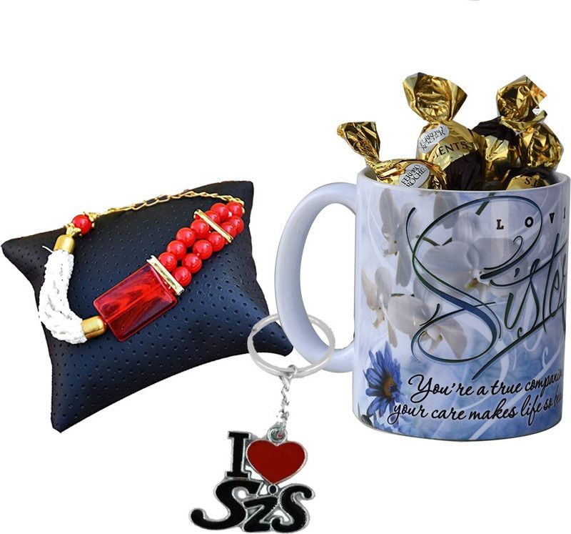 Rakhi Set  (1 Bracelet for sister, 1 Mug with 8 piece chocolate, 1 Keychain)