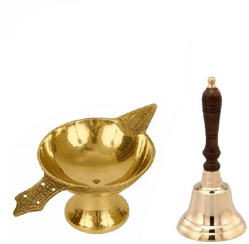 De-Ultimate Combo Of Laxmi Pital ( No 1 Small Size) Diya Oil / Ghee Lamp With Round Head Wooden Grip ( 2 No Regular Size )Puja Bell For Puja Purpose Brass  (Gold)