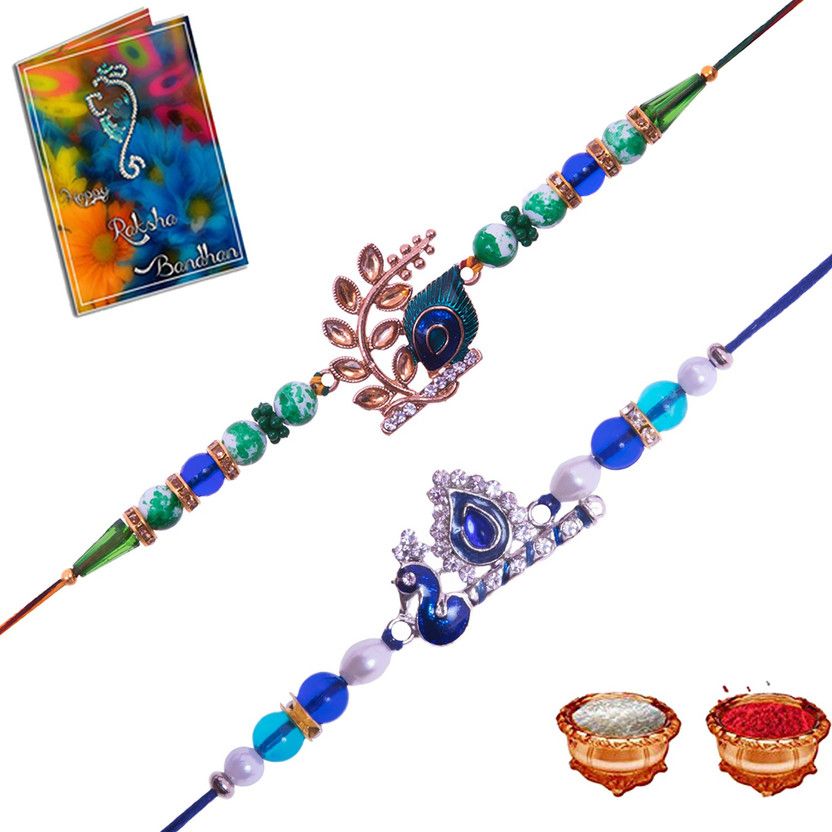 Chawal Roli Pack, Rakhi, Greeting Card Set  (2 Rakhi, 1 Chawal Roli Pack, 1 Greeting Card)